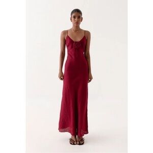 NWT Summer Away "Caprera" 100% Linen Sangria Red Midi Cut Out Back Rosette Dress